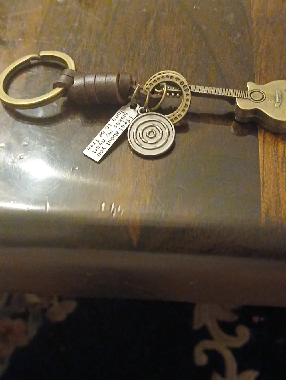 Guitar Charm Keychain with Brown Leather Strap